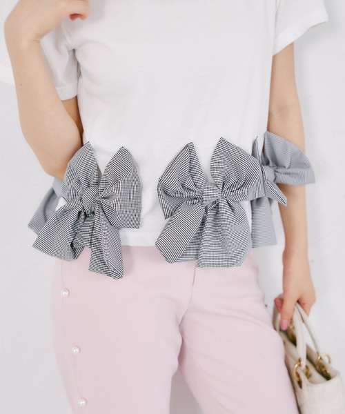 tocco closet(トッコ クローゼット)の「【ZOZO限定】裾ギンガムチェックリボン装飾半袖トップス(Tシャツ/カットソー・レディース・ホワイト/ブラック・M)」の16枚目の写真
