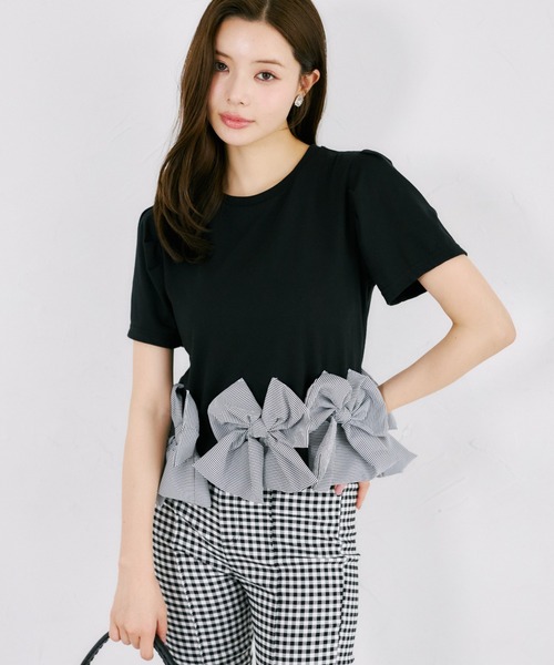 tocco closet(トッコ クローゼット)の「【ZOZO限定】裾ギンガムチェックリボン装飾半袖トップス(Tシャツ/カットソー・レディース・ホワイト/ブラック・M)」の19枚目の写真