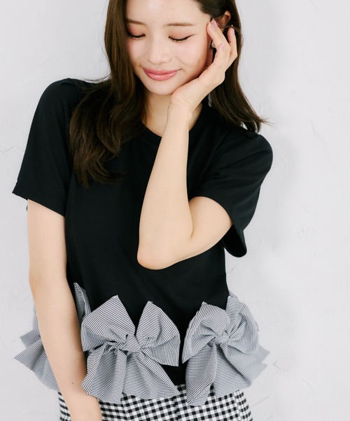 tocco closet(トッコ クローゼット)の「【ZOZO限定】裾ギンガムチェックリボン装飾半袖トップス(Tシャツ/カットソー・レディース・ホワイト/ブラック・M)」の10枚目の写真