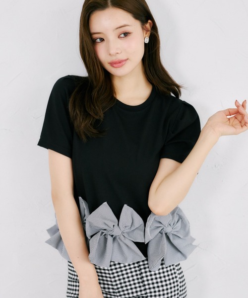 tocco closet(トッコ クローゼット)の「【ZOZO限定】裾ギンガムチェックリボン装飾半袖トップス(Tシャツ/カットソー・レディース・ホワイト/ブラック・M)」の9枚目の写真