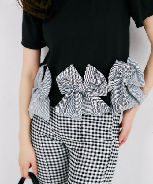 tocco closet(トッコ クローゼット)の「【ZOZO限定】裾ギンガムチェックリボン装飾半袖トップス(Tシャツ/カットソー・レディース・ホワイト/ブラック・M)」の11枚目の写真