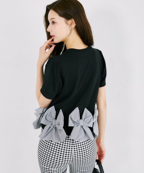 tocco closet(トッコ クローゼット)の「【ZOZO限定】裾ギンガムチェックリボン装飾半袖トップス(Tシャツ/カットソー・レディース・ホワイト/ブラック・M)」の12枚目の写真