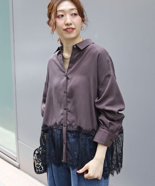 le.coeur blanc(ルクールブラン)の「フィブリルツイルヘムレースシャツ(シャツ/ブラウス・レディース・ブラック/ダークブラウン/アイボリー・38)」の3枚目の写真