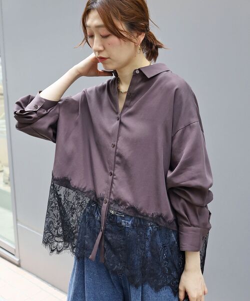 le.coeur blanc(ルクールブラン)の「フィブリルツイルヘムレースシャツ(シャツ/ブラウス・レディース・ブラック/ダークブラウン/アイボリー・38)」の5枚目の写真