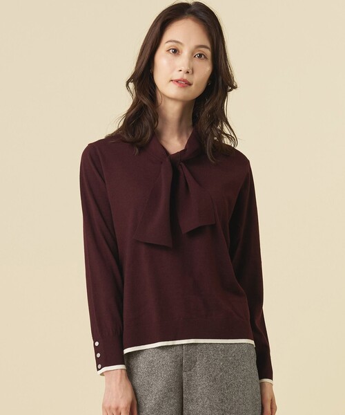 J.PRESS（ジェイプレス）の「【一枚で着映え】WORSTED WOOL BLEND ボウタイデザイン ニット（ニット/セーター・レディース・ライトグレー系/ワイン系/ネイビー系・MEDIUM/LARGE）」の3枚目の写真