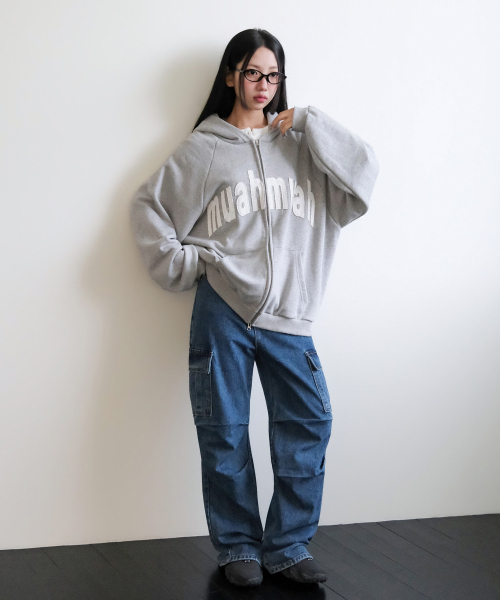muahmuah（ムーアムーア）の「ヴィンテージ アップリケ MUAH フードジップアップ [グレー]（パーカー・レディース・その他・FREE）」の3枚目の写真