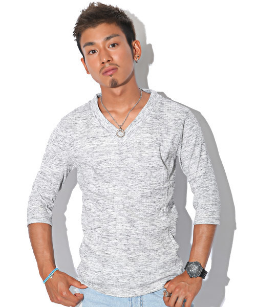 LUXSTYLE（ラグスタイル）の「ランダムテレコ＆リブVネック７分袖カットソー（Tシャツ/カットソー・メンズ・ワイン/杢グレー/レッド/ブラック/ネイビー/ブルー/ホワイト/ブラック系その他・M/L/XL/S）」の3枚目の写真