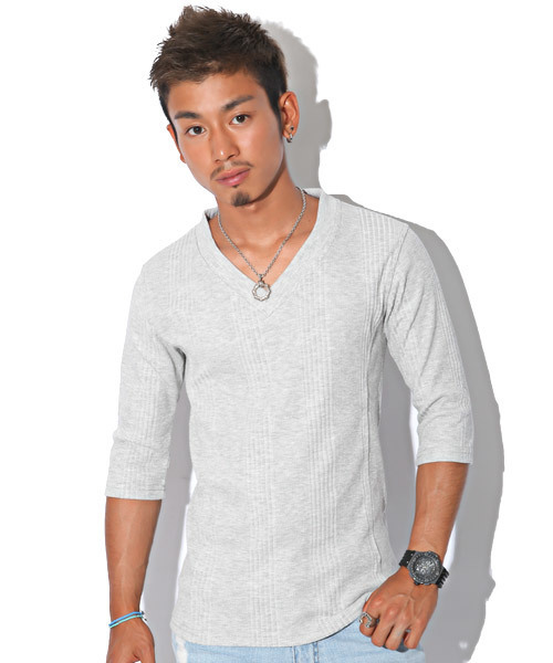 LUXSTYLE（ラグスタイル）の「ランダムテレコ＆リブVネック７分袖カットソー（Tシャツ/カットソー・メンズ・ワイン/杢グレー/レッド/ブラック/ネイビー/ブルー/ホワイト/ブラック系その他・M/L/XL/S）」の4枚目の写真