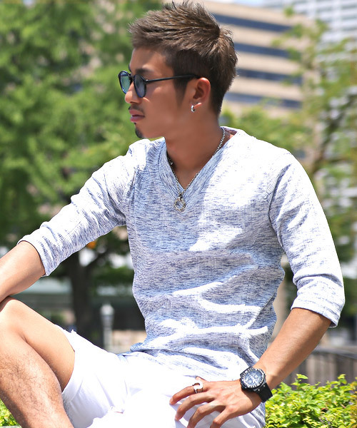 LUXSTYLE（ラグスタイル）の「ランダムテレコ＆リブVネック７分袖カットソー（Tシャツ/カットソー・メンズ・ワイン/杢グレー/レッド/ブラック/ネイビー/ブルー/ホワイト/ブラック系その他・M/L/XL/S）」の5枚目の写真