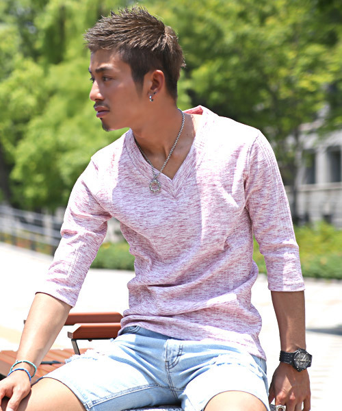 LUXSTYLE（ラグスタイル）の「ランダムテレコ＆リブVネック７分袖カットソー（Tシャツ/カットソー・メンズ・ワイン/杢グレー/レッド/ブラック/ネイビー/ブルー/ホワイト/ブラック系その他・M/L/XL/S）」の7枚目の写真