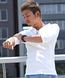 ランダムテレコ＆リブVネック７分袖カットソー