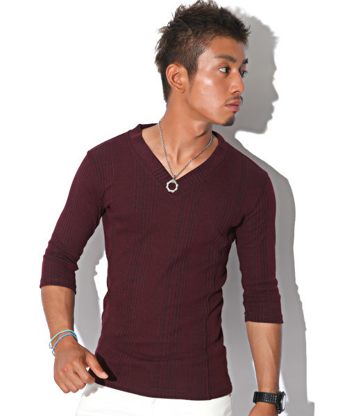 LUXSTYLE（ラグスタイル）の「ランダムテレコ＆リブVネック７分袖カットソー（Tシャツ/カットソー・メンズ・ワイン/杢グレー/レッド/ブラック/ネイビー/ブルー/ホワイト/ブラック系その他・M/L/XL/S）」の8枚目の写真