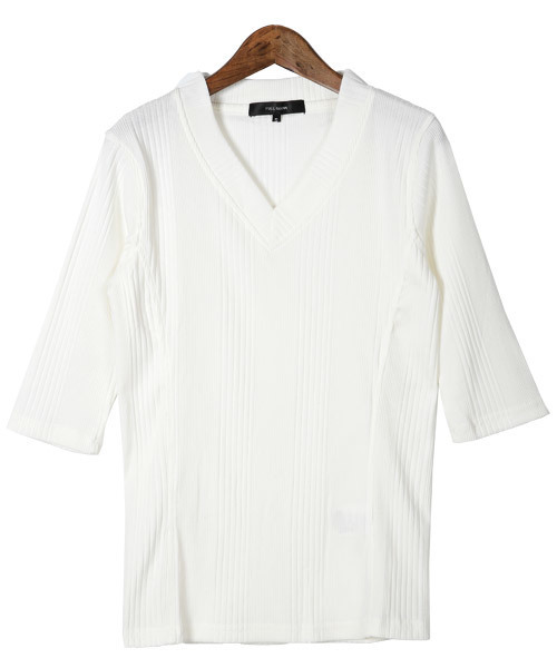 LUXSTYLE（ラグスタイル）の「ランダムテレコ＆リブVネック７分袖カットソー（Tシャツ/カットソー・メンズ・ワイン/杢グレー/レッド/ブラック/ネイビー/ブルー/ホワイト/ブラック系その他・M/L/XL/S）」の9枚目の写真