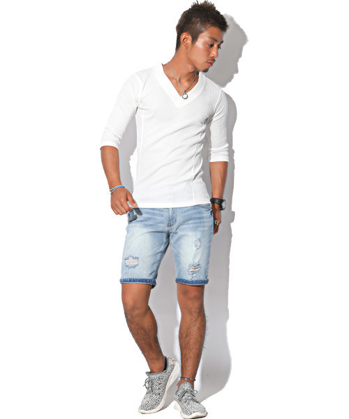 LUXSTYLE（ラグスタイル）の「ランダムテレコ＆リブVネック７分袖カットソー（Tシャツ/カットソー・メンズ・ワイン/杢グレー/レッド/ブラック/ネイビー/ブルー/ホワイト/ブラック系その他・M/L/XL/S）」の10枚目の写真