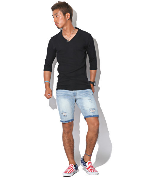 LUXSTYLE（ラグスタイル）の「ランダムテレコ＆リブVネック７分袖カットソー（Tシャツ/カットソー・メンズ・ワイン/杢グレー/レッド/ブラック/ネイビー/ブルー/ホワイト/ブラック系その他・M/L/XL/S）」の14枚目の写真