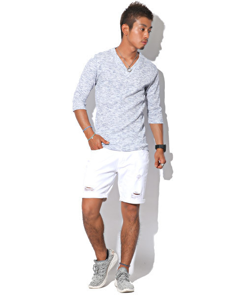 LUXSTYLE（ラグスタイル）の「ランダムテレコ＆リブVネック７分袖カットソー（Tシャツ/カットソー・メンズ・ワイン/杢グレー/レッド/ブラック/ネイビー/ブルー/ホワイト/ブラック系その他・M/L/XL/S）」の21枚目の写真