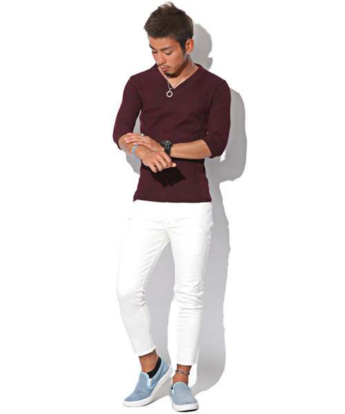 LUXSTYLE（ラグスタイル）の「ランダムテレコ＆リブVネック７分袖カットソー（Tシャツ/カットソー・メンズ・ワイン/杢グレー/レッド/ブラック/ネイビー/ブルー/ホワイト/ブラック系その他・M/L/XL/S）」の18枚目の写真