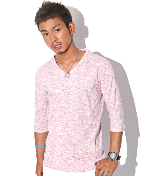 LUXSTYLE（ラグスタイル）の「ランダムテレコ＆リブVネック７分袖カットソー（Tシャツ/カットソー・メンズ・ワイン/杢グレー/レッド/ブラック/ネイビー/ブルー/ホワイト/ブラック系その他・M/L/XL/S）」の19枚目の写真