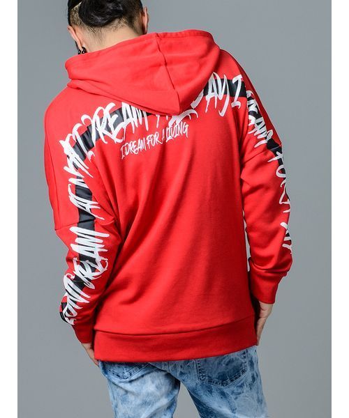 RE730(アールイーセブンサーティー)の「【RE730】バックプリント×テープドルマンパーカー ユニセックス ビッグシルエット(パーカー)」|レッド