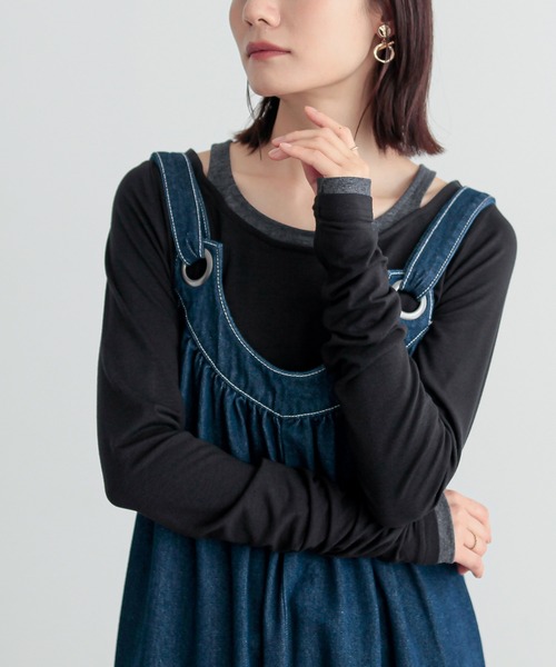 osharewalker(オシャレウォーカー)の「『レイヤード風ミリオンホット指穴ロンT』(Tシャツ/カットソー・レディース・アイボリー/バーガンディー/グレイッシュブルー/ダークグレー/ブラック・1/2/3)」の3枚目の写真