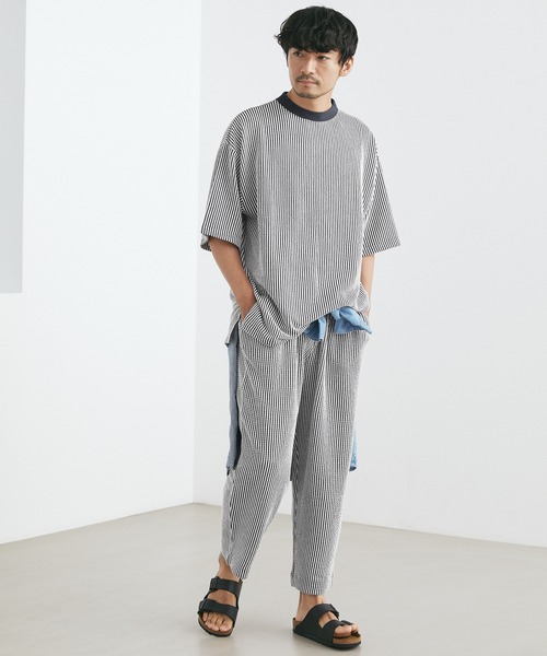 Loungewear tokyo(ラウンジウェアトウキョウ)の「【ラウンジウェアセットアップ】リラックス カットサッカー地 モックネック半袖Tシャツ×ラウンジイージーパンツ ワンマイルウェア(ルームウェア/パジャマ・メンズ・ブラック/ネイビー/ホワイト系その他/グレー系その他/ホワイト系その他2・M/L/XL)」の8枚目の写真