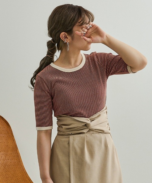 Ambre Neige（アンブルネージュ）の「テレコボーダーリンガーTEE／【WEB/EC限定商品】（Tシャツ/カットソー・レディース・レッド/ホワイト/ライトブラウン・FREE）」の3枚目の写真