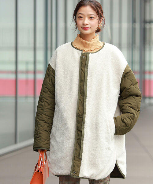 Ray BEAMS(レイビームス)の「Ray BEAMS / ボア リバーシブル コート(ノーカラーコート・レディース・ブラック/オリーブ・1/0)」の4枚目の写真