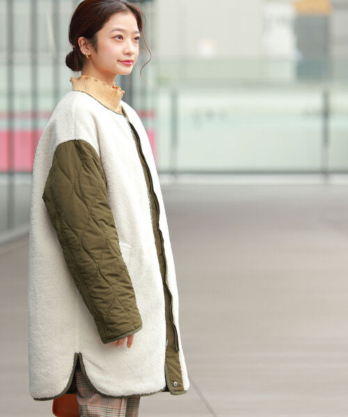 Ray BEAMS(レイビームス)の「Ray BEAMS / ボア リバーシブル コート(ノーカラーコート・レディース・ブラック/オリーブ・1/0)」の7枚目の写真