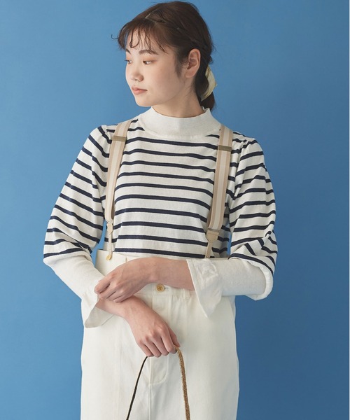 Malle(マル)の「malle Cotton/Linen leg-of-muttonセーター(ニット/セーター・レディース・ブラック/ライトカーキ/ホワイト×ネイビー・FREE)」の1枚目の写真