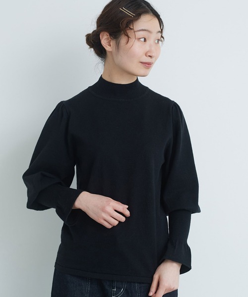 Malle(マル)の「malle Cotton/Linen leg-of-muttonセーター(ニット/セーター・レディース・ブラック/ライトカーキ/ホワイト×ネイビー・FREE)」の2枚目の写真