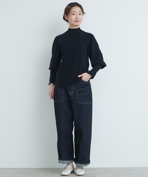 Malle(マル)の「malle Cotton/Linen leg-of-muttonセーター(ニット/セーター・レディース・ブラック/ライトカーキ/ホワイト×ネイビー・FREE)」の4枚目の写真