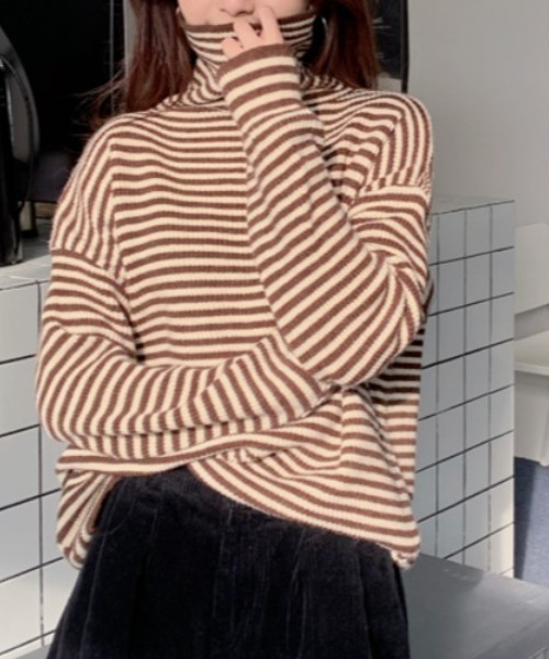 MANGROVE（マングローブ）の「ストライプニットタートルネック（ニット/セーター・レディース・ブラック/ブラウン/グレー・FREE）」の3枚目の写真