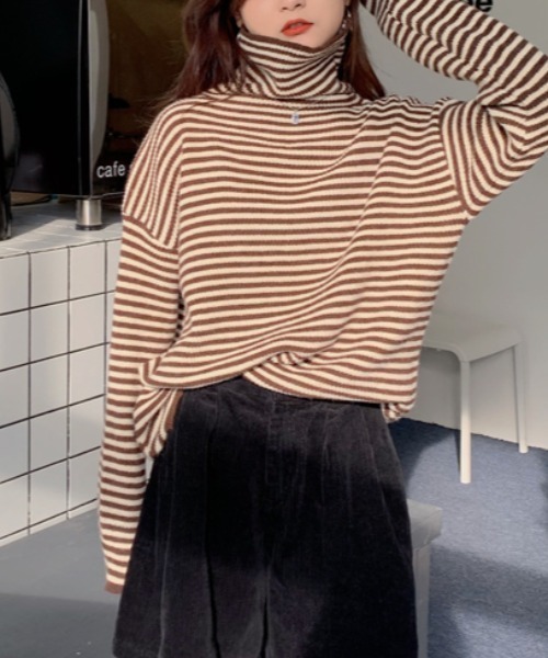 MANGROVE（マングローブ）の「ストライプニットタートルネック（ニット/セーター・レディース・ブラック/ブラウン/グレー・FREE）」の15枚目の写真