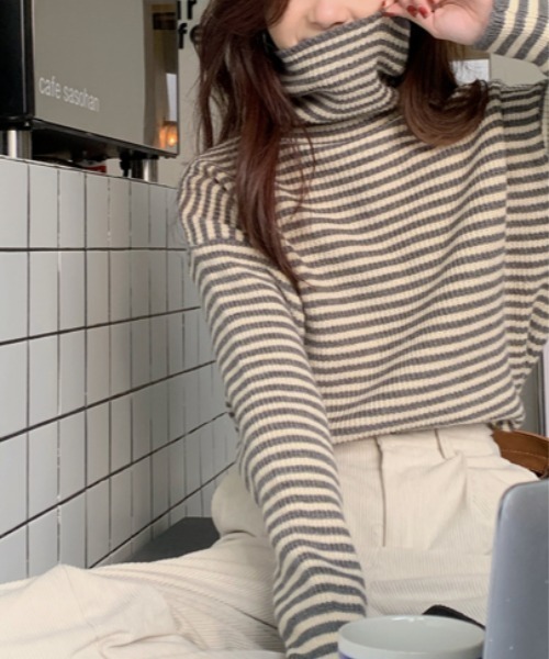 MANGROVE（マングローブ）の「ストライプニットタートルネック（ニット/セーター・レディース・ブラック/ブラウン/グレー・FREE）」の14枚目の写真