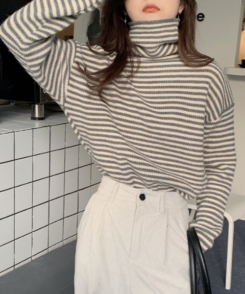 MANGROVE（マングローブ）の「ストライプニットタートルネック（ニット/セーター・レディース・ブラック/ブラウン/グレー・FREE）」の8枚目の写真