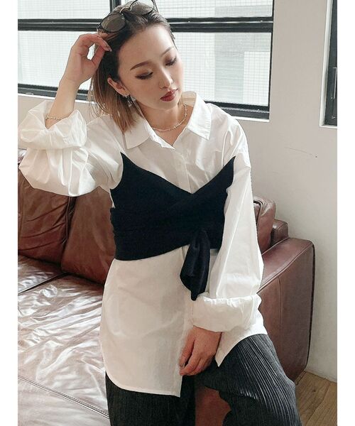 GYDA（ジェイダ）の「ニットドッキングデザインシャツ（シャツ/ブラウス・レディース・ブラック/ベージュ・FREE）」の3枚目の写真