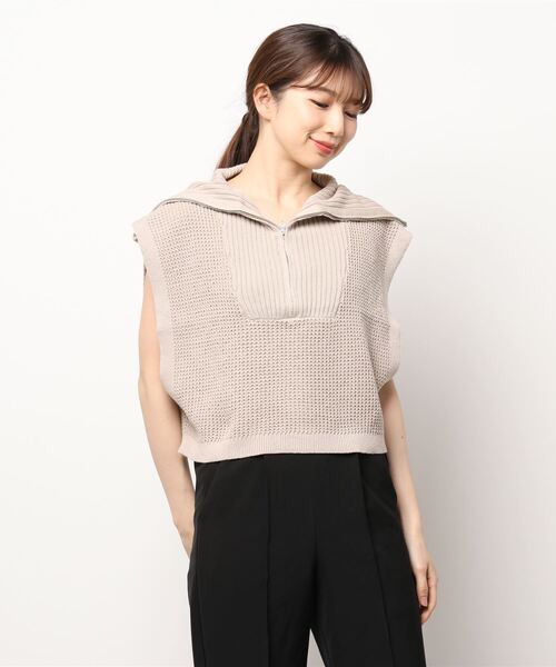 STYLEBLOCK（スタイルブロック）の「ワッフルニットハーフZIPショートトップス（ニット/セーター・レディース・ブラック/オフホワイト/グリーン/ライトベージュ・M）」の3枚目の写真