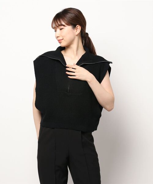 STYLEBLOCK（スタイルブロック）の「ワッフルニットハーフZIPショートトップス（ニット/セーター・レディース・ブラック/オフホワイト/グリーン/ライトベージュ・M）」の7枚目の写真