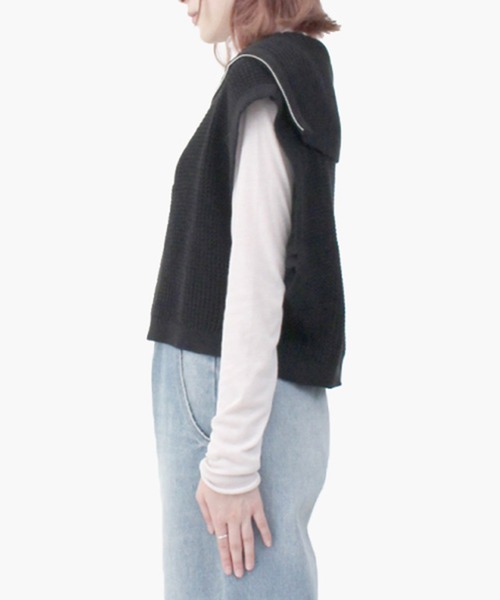 STYLEBLOCK（スタイルブロック）の「ワッフルニットハーフZIPショートトップス（ニット/セーター・レディース・ブラック/オフホワイト/グリーン/ライトベージュ・M）」の8枚目の写真