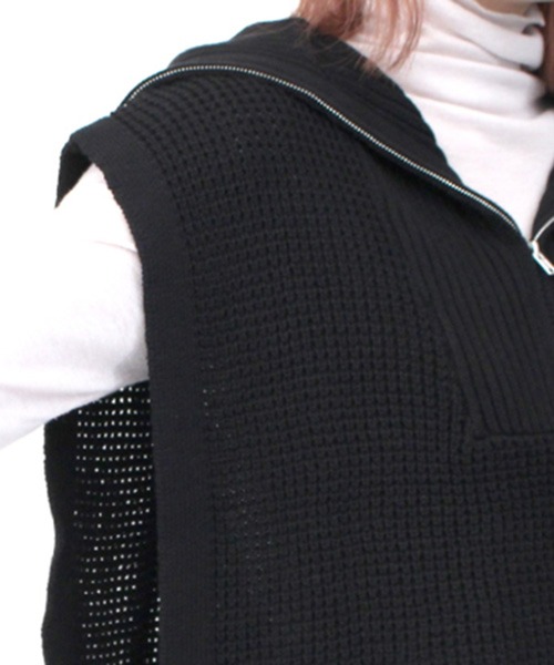 STYLEBLOCK（スタイルブロック）の「ワッフルニットハーフZIPショートトップス（ニット/セーター・レディース・ブラック/オフホワイト/グリーン/ライトベージュ・M）」の10枚目の写真