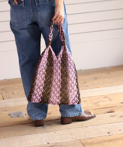 cepo（セポ）の「ストライプマクラメバッグ（ハンドバッグ・レディース・オフホワイト/パープル/ホワイト×ブラウン・FREE）」の6枚目の写真