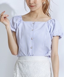 tocco closet（トッコ　クローゼット）の「後ろリボン付きパール釦パフスリーブストライプブラウス（シャツ/ブラウス・レディース）」