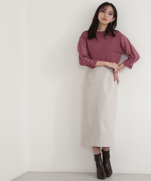 NATURAL BEAUTY BASIC(ナチュラルビューティーベーシック)の「フェイクスエードタイトスカート(スカート・レディース・チャコールグレー/ブルー/グレイッシュベージュ/オレンジ・SMALL/MEDIUM/X-SMALL)」の5枚目の写真