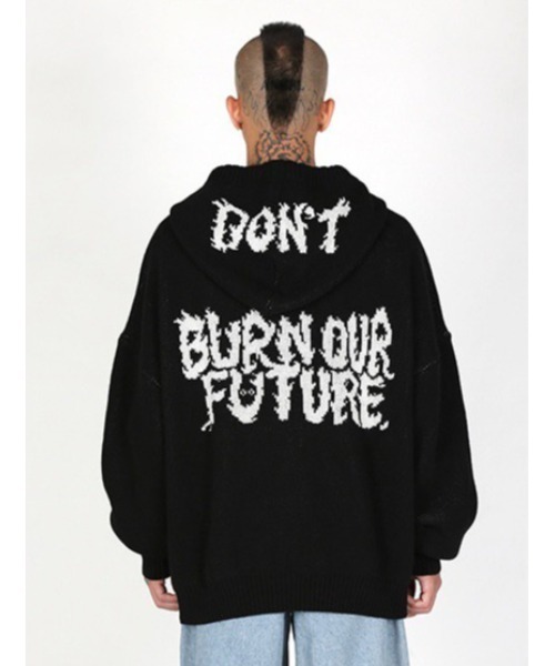 【AJOBYAJO/アジョバイアジョ】Oversized (19) Slogan Wool Knit Zip-Up Hoodie/オーバーサイズ ロゴ ニット ジップアップ フーディー パーカー ジップパーカー 秋服 冬服