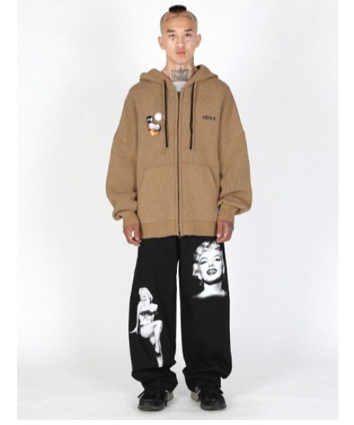 【AJOBYAJO/アジョバイアジョ】Oversized (19) Slogan Wool Knit Zip-Up Hoodie/オーバーサイズ ロゴ ニット ジップアップ フーディー パーカー ジップパーカー 秋服 冬服