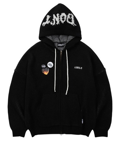 【AJOBYAJO/アジョバイアジョ】Oversized (19) Slogan Wool Knit Zip-Up Hoodie/オーバーサイズ ロゴ ニット ジップアップ フーディー パーカー ジップパーカー 秋服 冬服