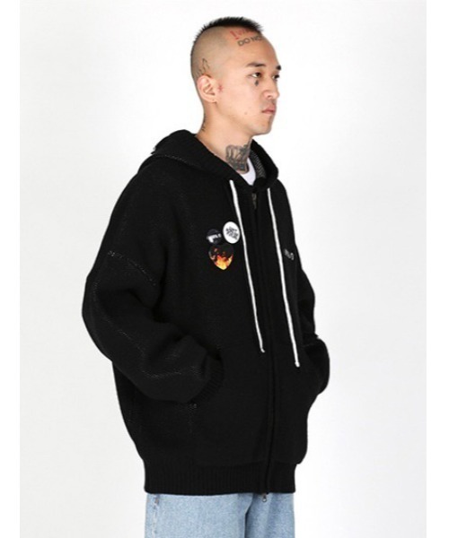 【AJOBYAJO/アジョバイアジョ】Oversized (19) Slogan Wool Knit Zip-Up Hoodie/オーバーサイズ ロゴ ニット ジップアップ フーディー パーカー ジップパーカー 秋服 冬服