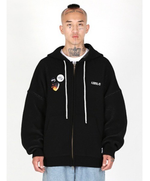 【AJOBYAJO/アジョバイアジョ】Oversized (19) Slogan Wool Knit Zip-Up Hoodie/オーバーサイズ ロゴ ニット ジップアップ フーディー パーカー ジップパーカー 秋服 冬服