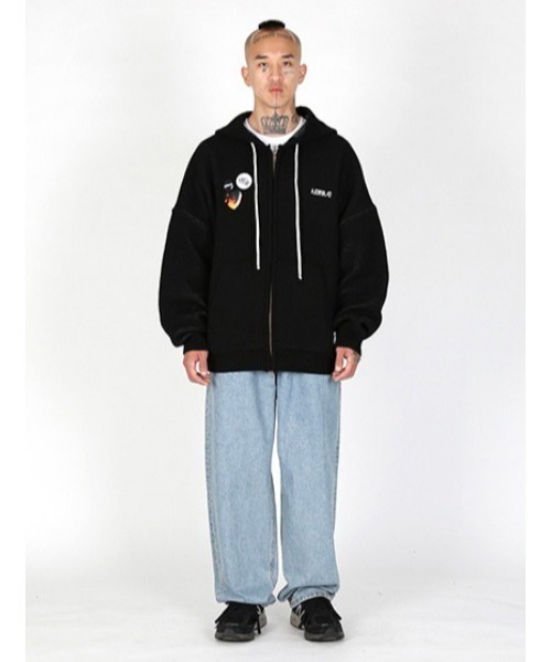 【AJOBYAJO/アジョバイアジョ】Oversized (19) Slogan Wool Knit Zip-Up Hoodie/オーバーサイズ ロゴ ニット ジップアップ フーディー パーカー ジップパーカー 秋服 冬服