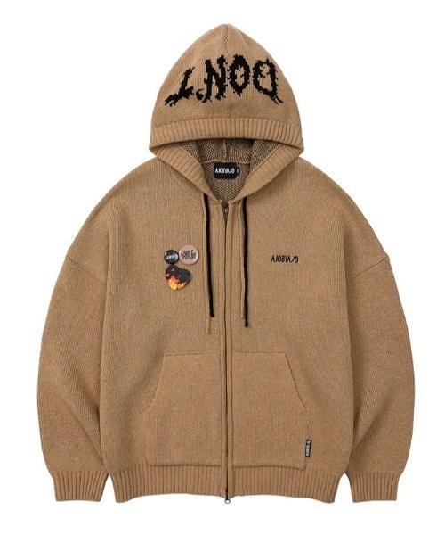 【AJOBYAJO/アジョバイアジョ】Oversized (19) Slogan Wool Knit Zip-Up Hoodie/オーバーサイズ ロゴ ニット ジップアップ フーディー パーカー ジップパーカー 秋服 冬服